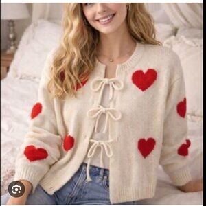 NWT Sincerely Jules Heart Sweater Small Tie Front Cardigan Cream Red Romantic